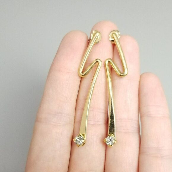 Vintage Gold Tone Zig Zag Dangle Stud Earrings, Rhinestone Accent, Retro Estate - Picture 5 of 6